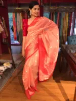 Peach Organza Saree with Contrast Zari Border and Gold Zari Buttis - Image 2