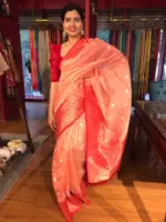 Peach Organza Saree with Contrast Zari Border and Gold Zari Buttis - Image 4
