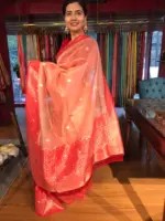 Peach Organza Saree with Contrast Zari Border and Gold Zari Buttis - Image 3