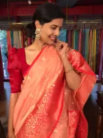 Peach Organza Saree with Contrast Zari Border and Gold Zari Buttis - Image 5