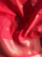 Peach Organza Saree with Contrast Zari Border and Gold Zari Buttis - Image 6