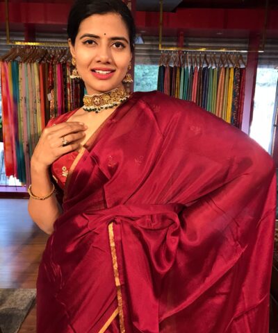 Maroon Chiffon Silk Saree with Gold Zari Piping