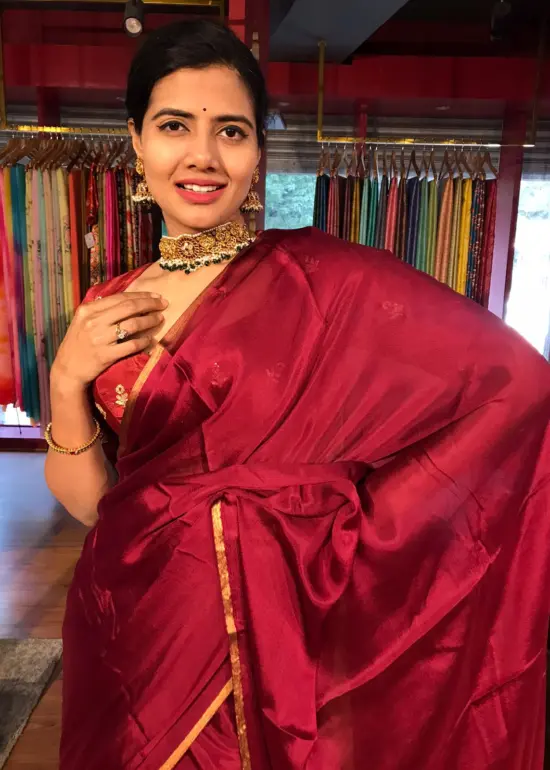 Maroon Chiffon Silk Saree with Gold Zari Piping