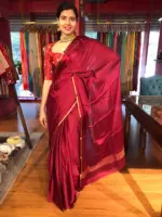 Maroon Chiffon Silk Saree with Gold Zari Piping - Image 2