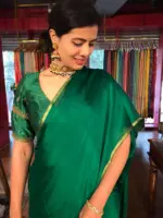 Bottle Green Chiffon Silk Saree with Gold Zari Piping - Image 2