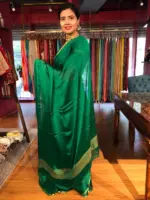 Bottle Green Chiffon Silk Saree with Gold Zari Piping - Image 3