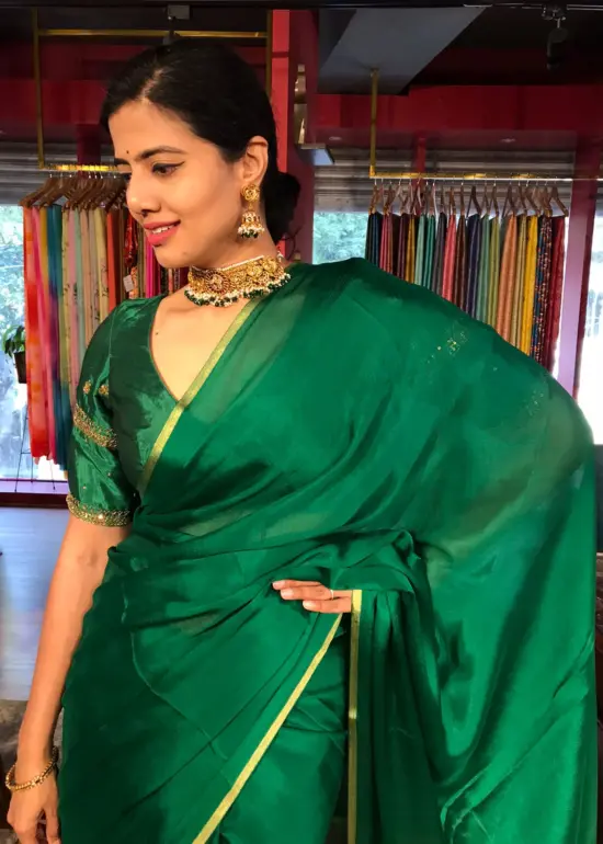 Bottle Green Chiffon Silk Saree with Gold Zari Piping