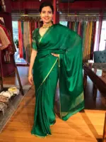 Bottle Green Chiffon Silk Saree with Gold Zari Piping - Image 5