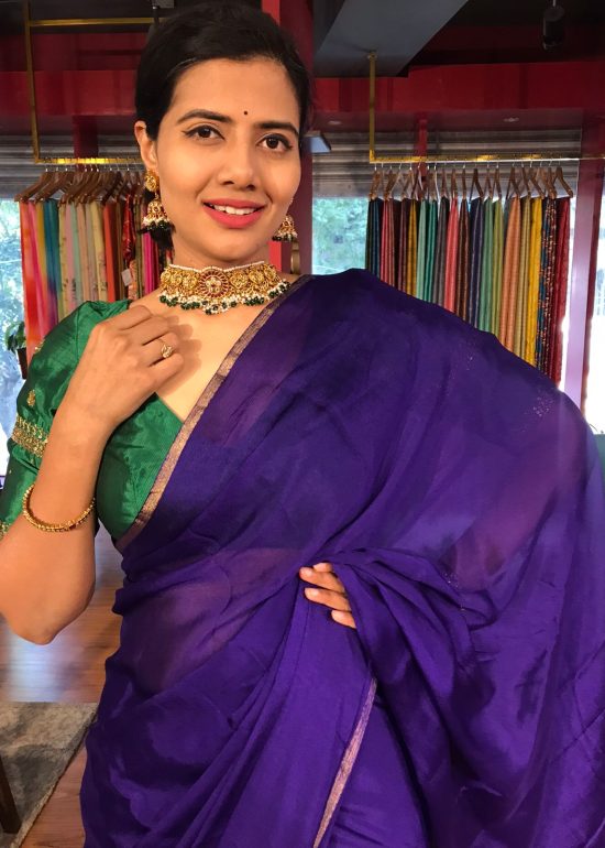 Purple Chiffon Silk Saree with Gold Zari Piping
