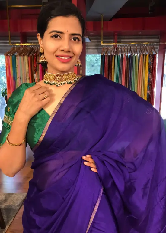 Purple Chiffon Silk Saree with Gold Zari Piping