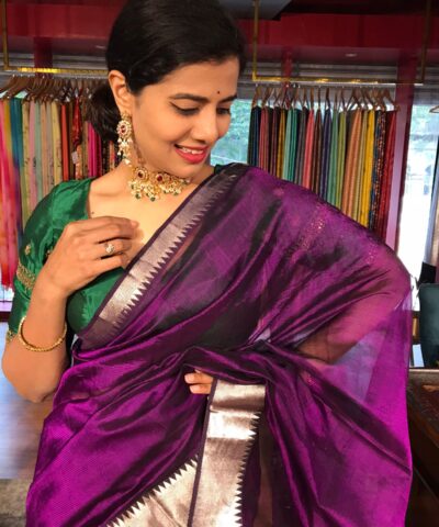 Purple Mangalagiri Silk Saree with Silver Zari Weaves