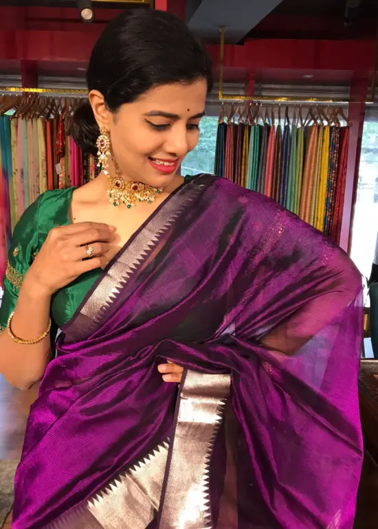 Purple Mangalagiri Silk Saree with Silver Zari Weaves