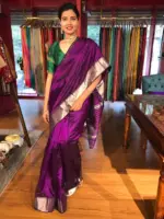 Purple Mangalagiri Silk Saree with Silver Zari Weaves - Image 2