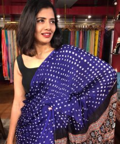 Violet Modal Silk Saree with Bandhani Weave and Ajrakh Block Prints