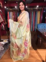 Sea Green Tissue Silk Saree with Hand painted Florals and Hand Embroidery - Image 7