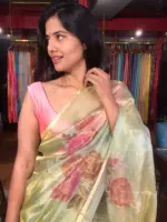 Sea Green Tissue Silk Saree with Hand painted Florals and Hand Embroidery - Image 8