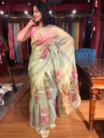 Sea Green Tissue Silk Saree with Hand painted Florals and Hand Embroidery - Image 2