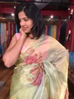 Sea Green Tissue Silk Saree with Hand painted Florals and Hand Embroidery