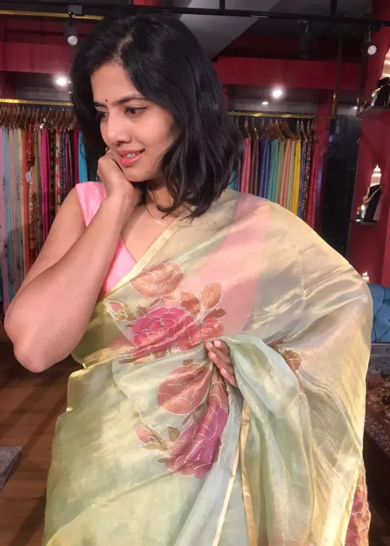 Sea Green Tissue Silk Saree with Hand painted Florals and Hand Embroidery