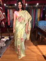 Sea Green Tissue Silk Saree with Hand painted Florals and Hand Embroidery - Image 5