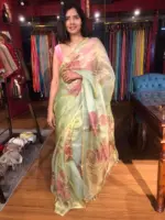 Sea Green Tissue Silk Saree with Hand painted Florals and Hand Embroidery - Image 3