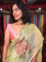 Sea Green Tissue Silk Saree with Hand painted Florals and Hand Embroidery - Image 4