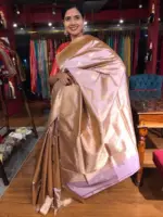Nude Pink Handwoven Katan Silk Saree with Kadwa Zari Buttis - Image 8