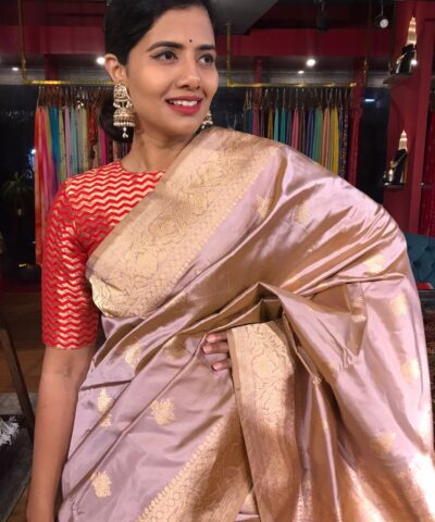 Nude Pink Handwoven Katan Silk Saree with Kadwa Zari Buttis