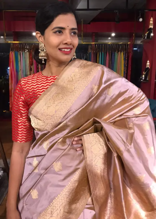 Nude Pink Handwoven Katan Silk Saree with Kadwa Zari Buttis