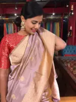 Nude Pink Handwoven Katan Silk Saree with Kadwa Zari Buttis - Image 7