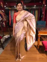 Nude Pink Handwoven Katan Silk Saree with Kadwa Zari Buttis - Image 6