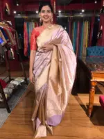 Nude Pink Handwoven Katan Silk Saree with Kadwa Zari Buttis - Image 5