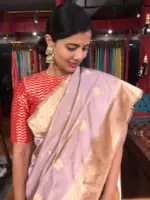 Nude Pink Handwoven Katan Silk Saree with Kadwa Zari Buttis - Image 4