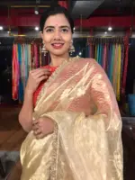 Ivory Tissue Silk Saree highlighted with Zari Motifs and Gota Border - Image 2