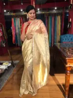 Ivory Tissue Silk Saree highlighted with Zari Motifs and Gota Border - Image 3