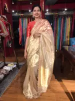 Ivory Tissue Silk Saree highlighted with Zari Motifs and Gota Border - Image 5
