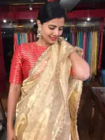 Ivory Tissue Silk Saree highlighted with Zari Motifs and Gota Border - Image 6