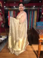 Ivory Tissue Silk Saree highlighted with Zari Motifs and Gota Border - Image 7
