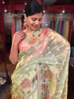 Sea Green Embroidered Tissue Silk Saree with Hand painted Florals and Scalloped Border