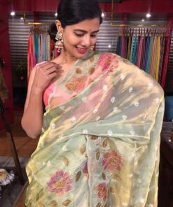 Sea Green Embroidered Tissue Silk Saree with Hand painted Florals and Scalloped Border
