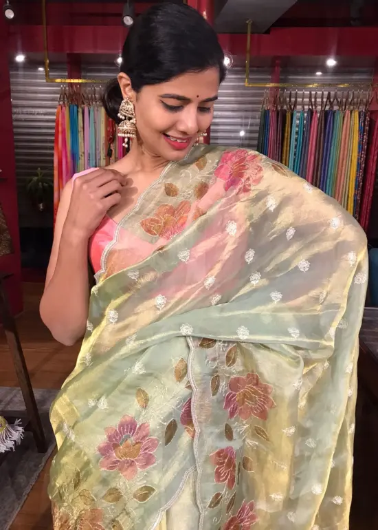 Sea Green Embroidered Tissue Silk Saree with Hand painted Florals and Scalloped Border