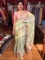 Sea Green Embroidered Tissue Silk Saree with Hand painted Florals and Scalloped Border - Image 5