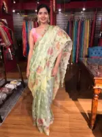 Sea Green Embroidered Tissue Silk Saree with Hand painted Florals and Scalloped Border - Image 4