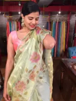Sea Green Embroidered Tissue Silk Saree with Hand painted Florals and Scalloped Border - Image 2