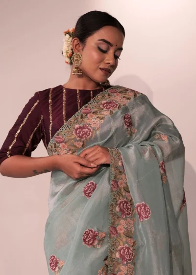 Blue Tissue Silk Saree highlighted with Cutwork Embroidery