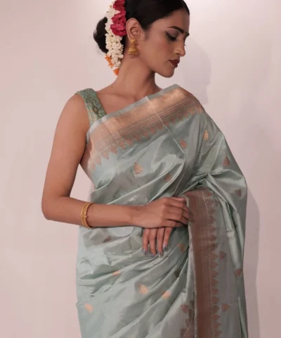 Pastel Blue Handwoven Katan Silk Saree with Kadwa Zari Buttis