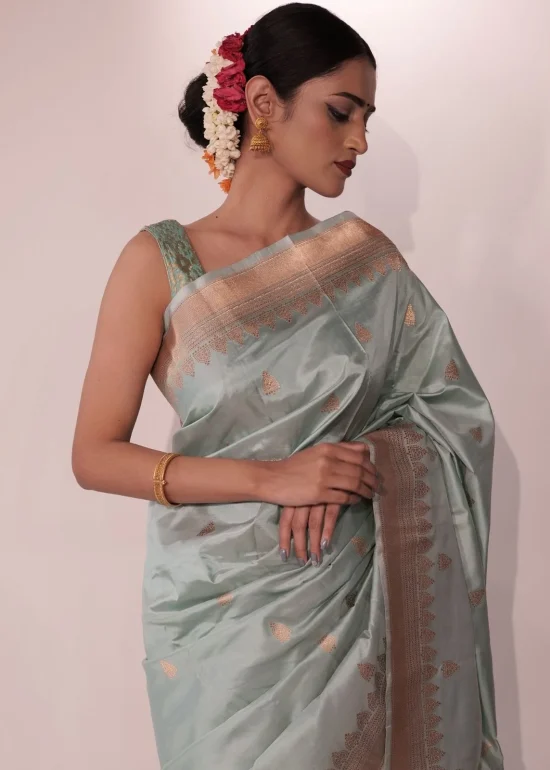 Pastel Blue Handwoven Katan Silk Saree with Kadwa Zari Buttis