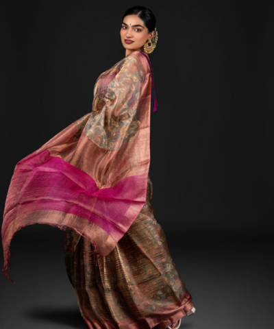 Blue Tissue Silk Saree with Beautiful Kalamkari Prints Woven in Gold Zari