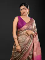 Blue Tissue Silk Saree with Beautiful Kalamkari Prints - Image 3