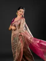 Blue Tissue Silk Saree with Beautiful Kalamkari Prints - Image 4